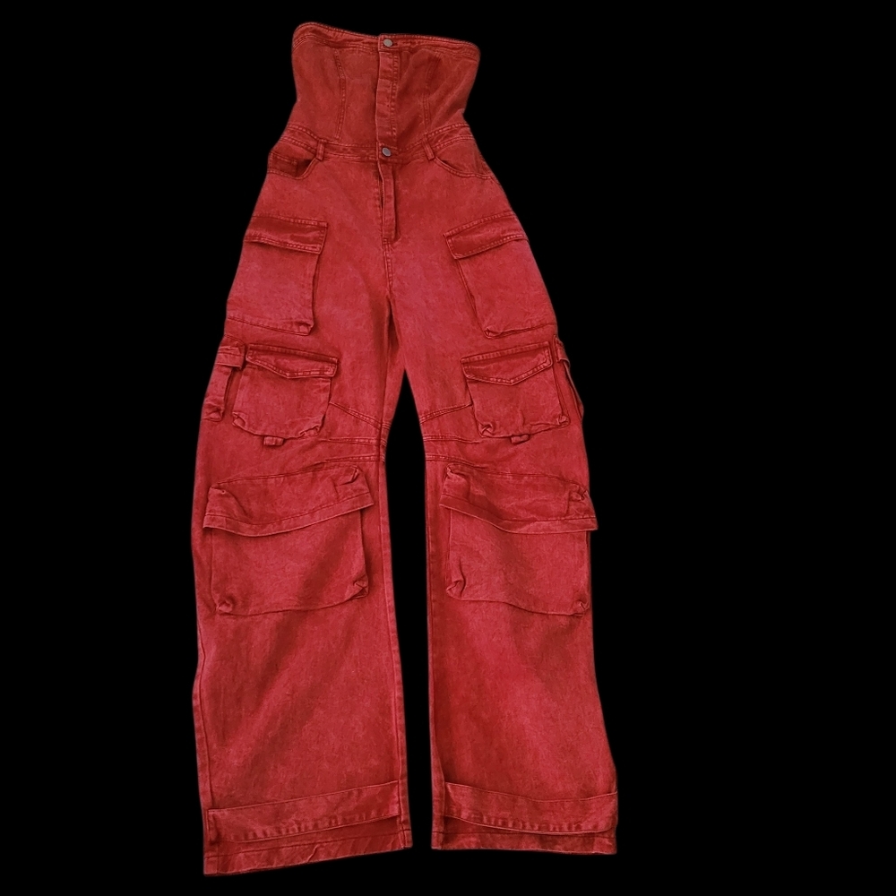 Strapless Washed Red Cargo Jumpsuit Utility Pocket Y2K Streetwear Festival - Picture 9 of 15